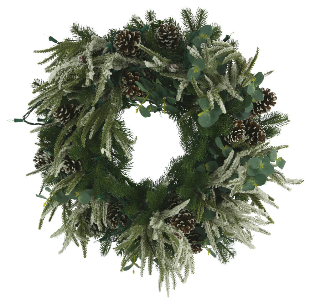 32" Holiday Wreath with Evergreen, Eucalyptus and LED Lights