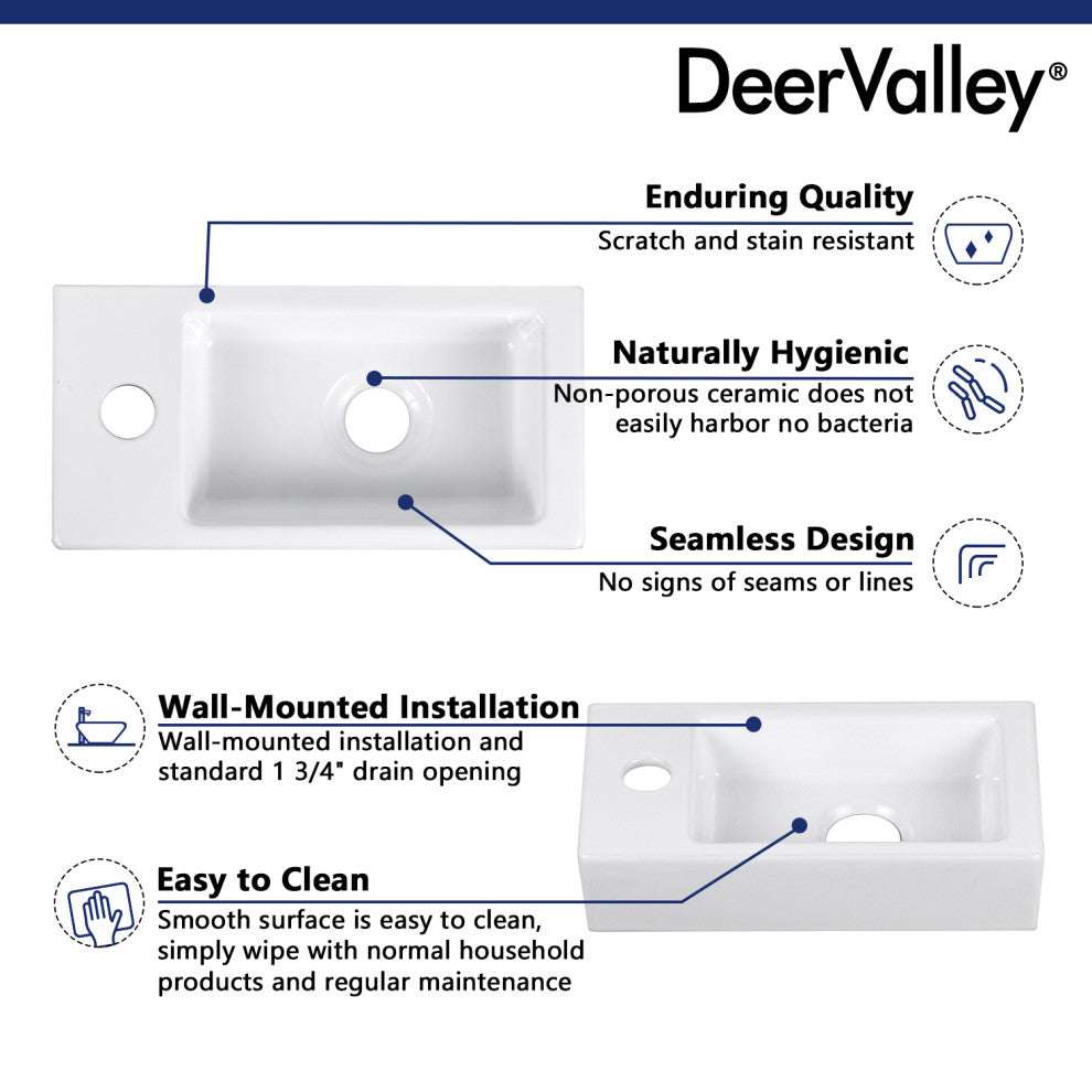 Ceramic Wall Mount Bathroom Sink Small Bathroom White Rectangular Wash Basin
