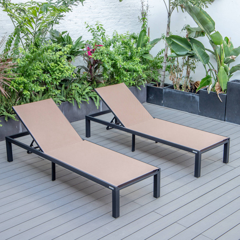 LeisureMod Marlin Patio Chaise Lounge Chair Black Frame Set of 2, Light Brown