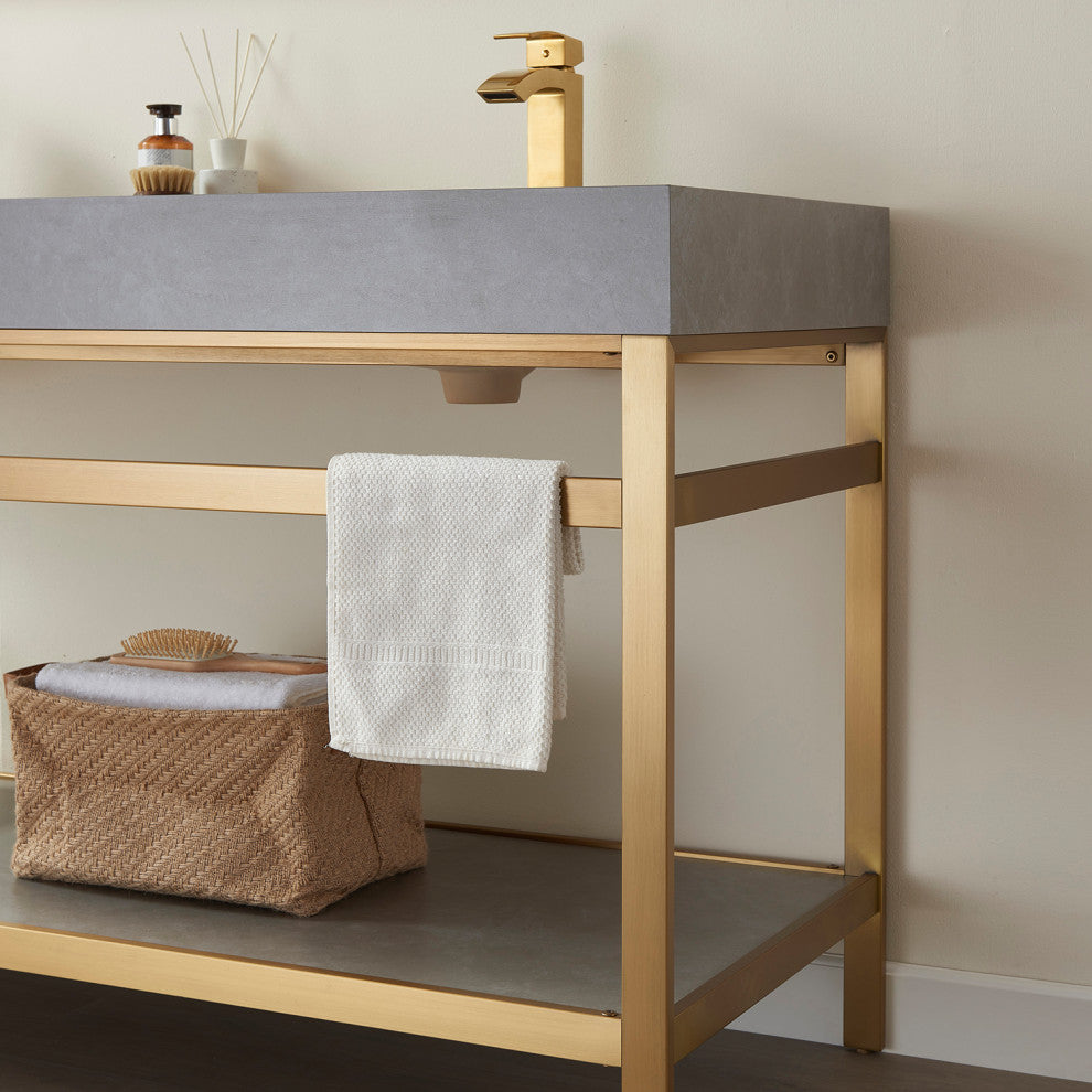 Funes Bath Vanity with Mirror, Brushed Gold Support, 60" Double Sink, Grey Stone Top