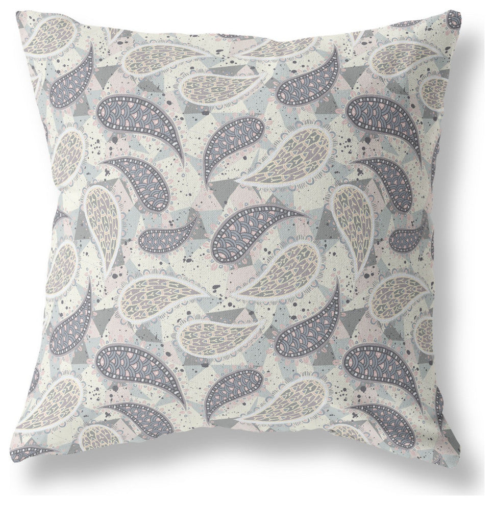 26" Gray Cream Boho Paisley Indoor Outdoor Throw Pillow