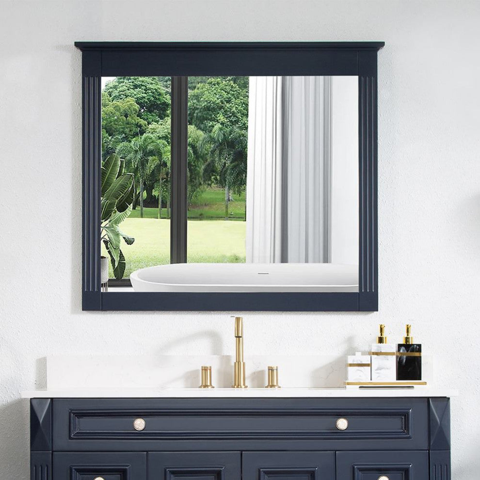 Solid Wood Bathroom Vanity Mirror for Wall Mounted, Navy Blue, 38x33