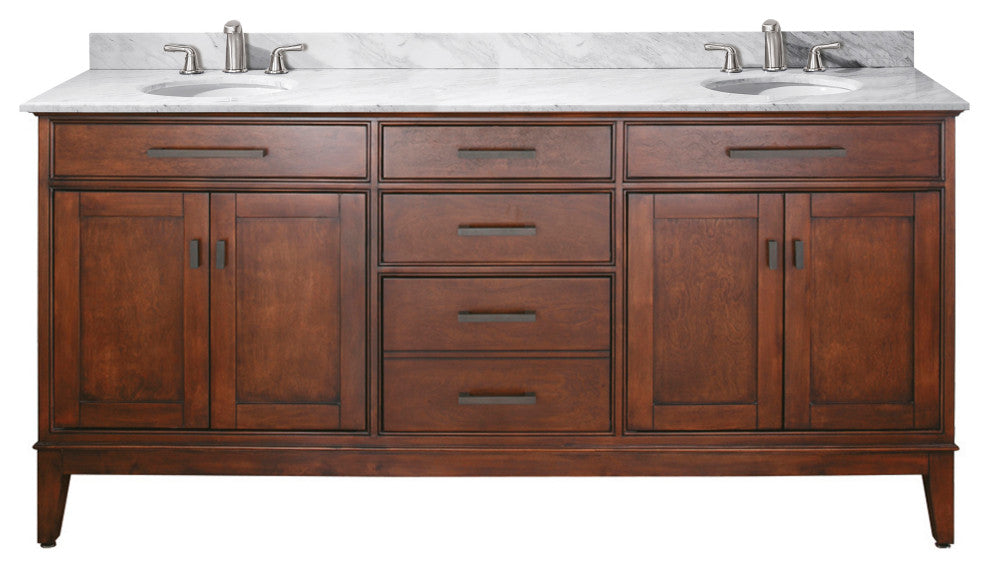 Avanity Madison 73" Double Vanity, Tobacco Finish, Carrera White Marble Top