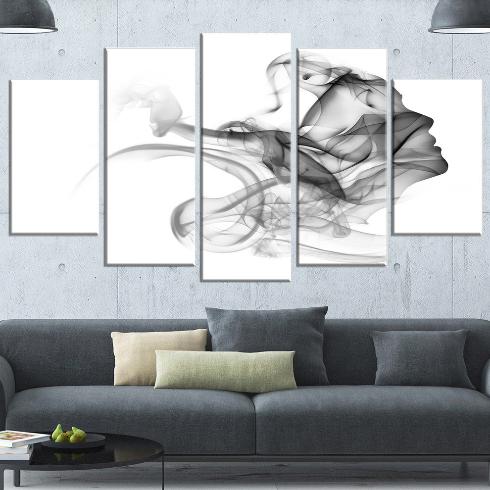 Woman and Smoke Double Exposure, Portrait Canvas Art Print, 60"x32", 5 Panels