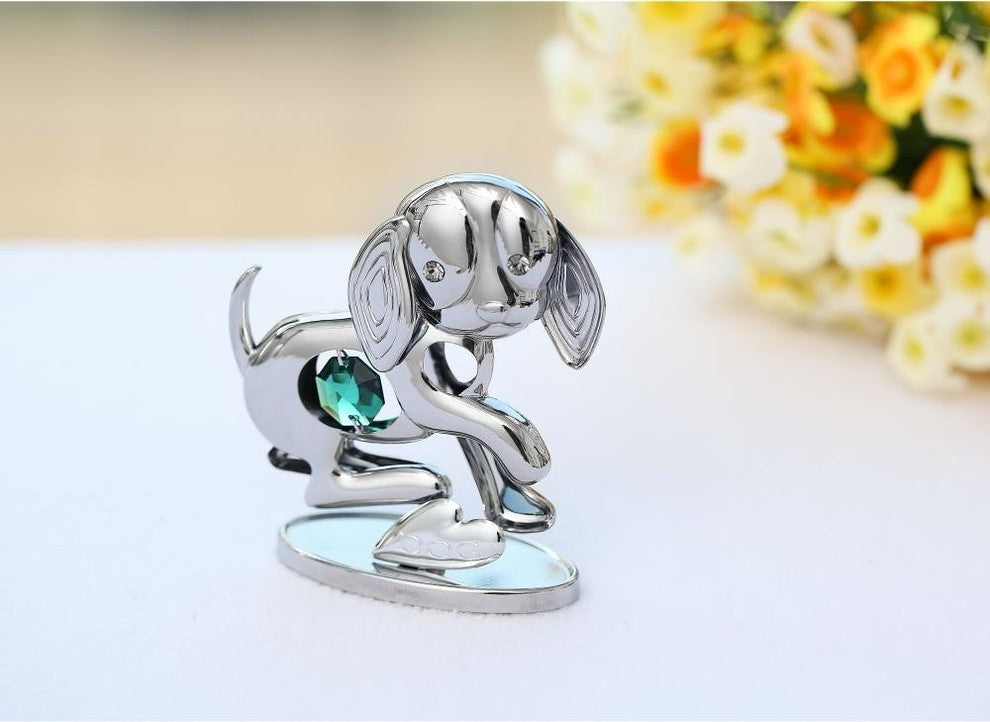 2018 Year of the Dog Matashi ChromePlated Silver Puppy Ornament w/ Green Crystal