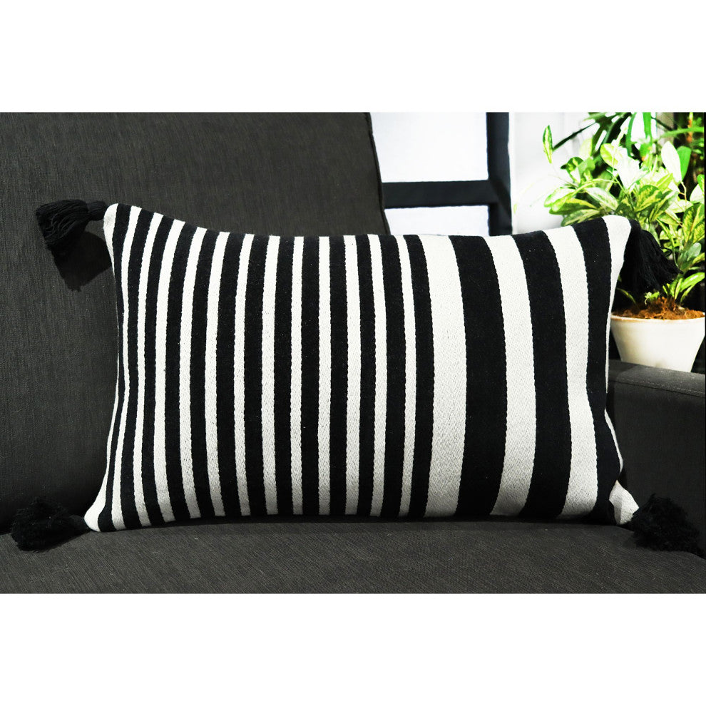 Black & Natural Machine Woven with Tassels Raulston Throw Pillow, 16" x 26"