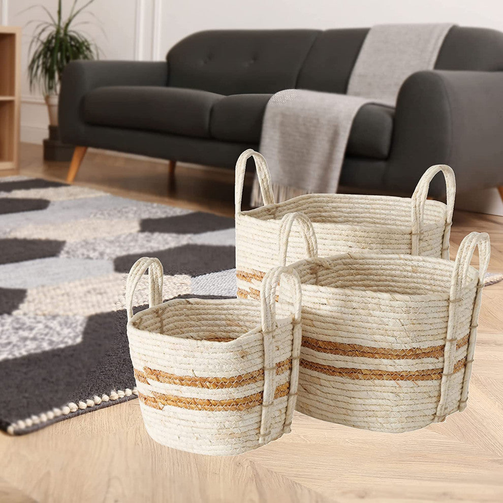 3 Piece Stripes Wicker Basket Set