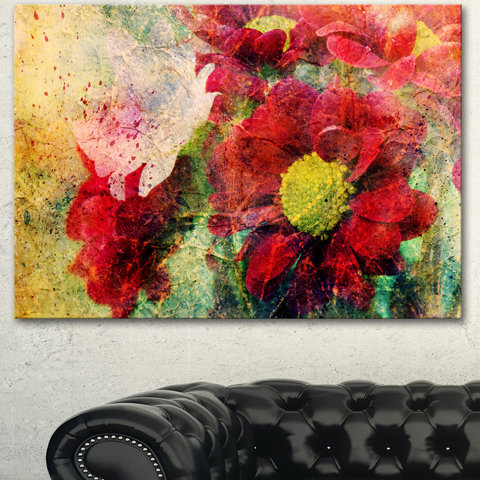 Red Flowers and Watercolor Splashes, Flower Artwork on Canvas, 40"x30"