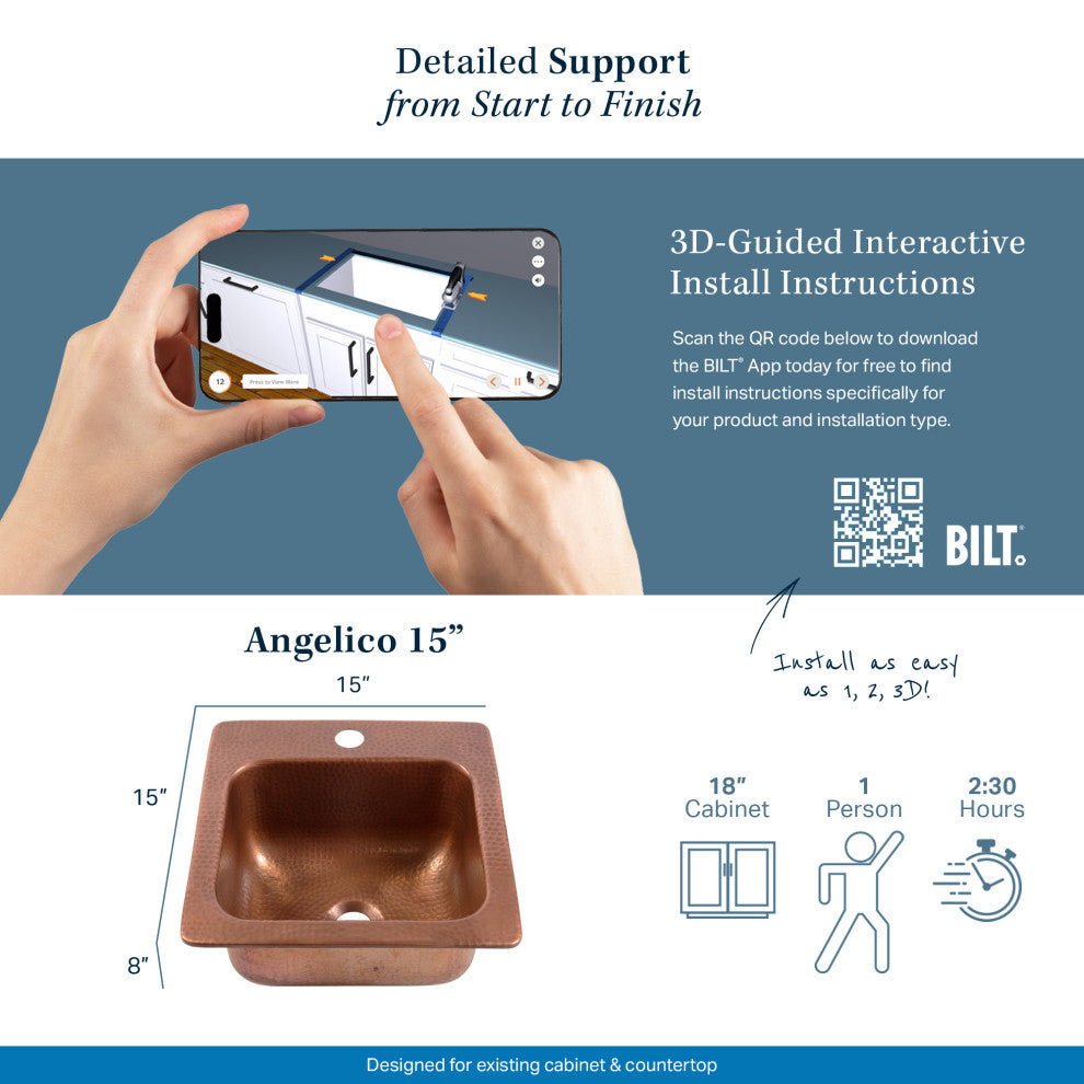 Angelico Copper 15" Single Bowl Drop-In Kitchen Sink