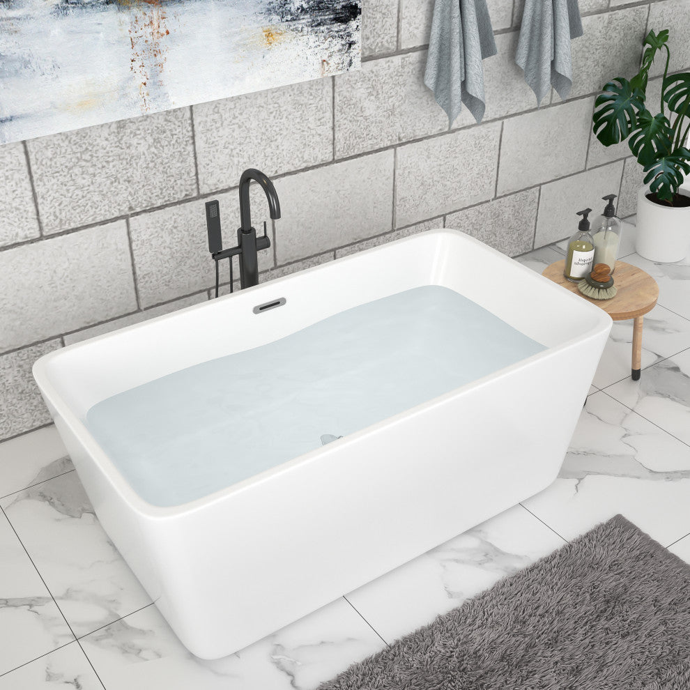 67 in. Acrylic Rectangular Flatbottom Freestanding Soaking Bathtub in White