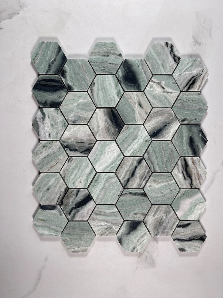 Sagano Vibrant Green Marble 2 inch Hexagon Mosaic Tile Honed, 1 sheet