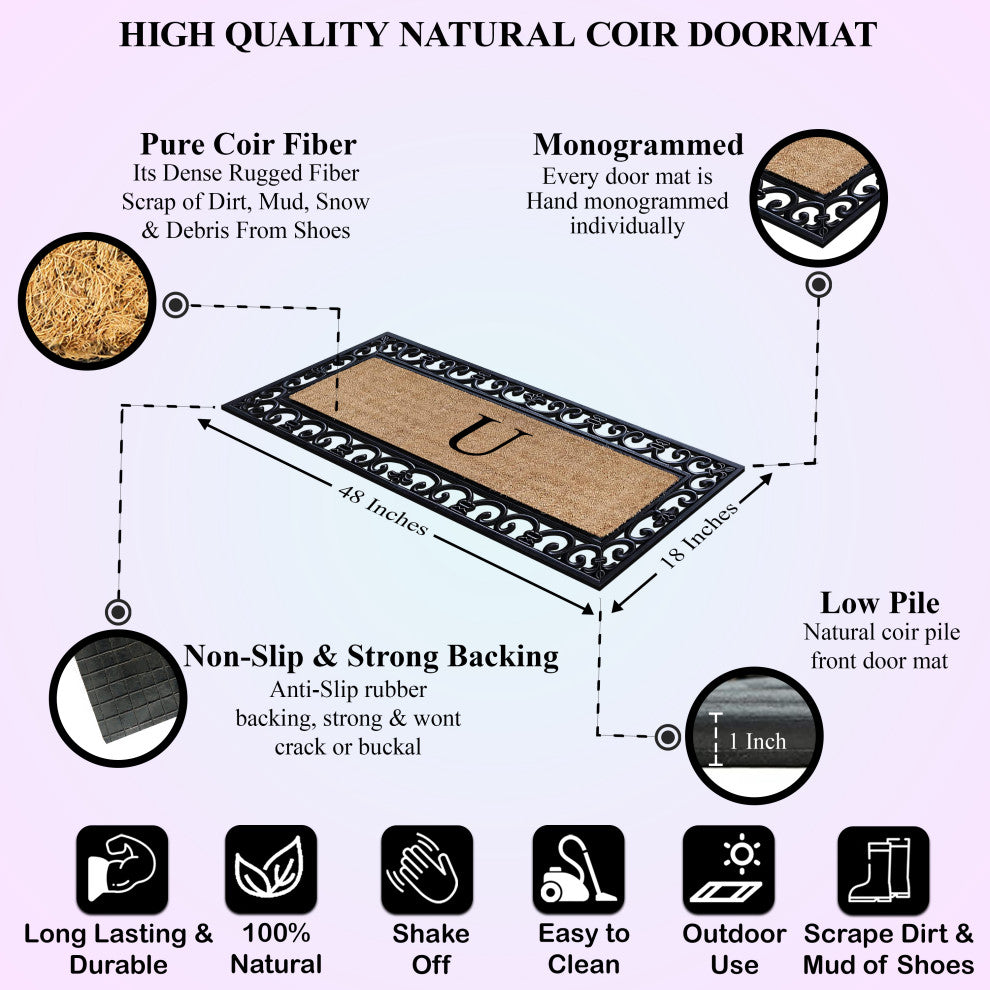 First Impression Hand Crafted Myla Monogrammed Large Entry Doormat, 18"x48", U