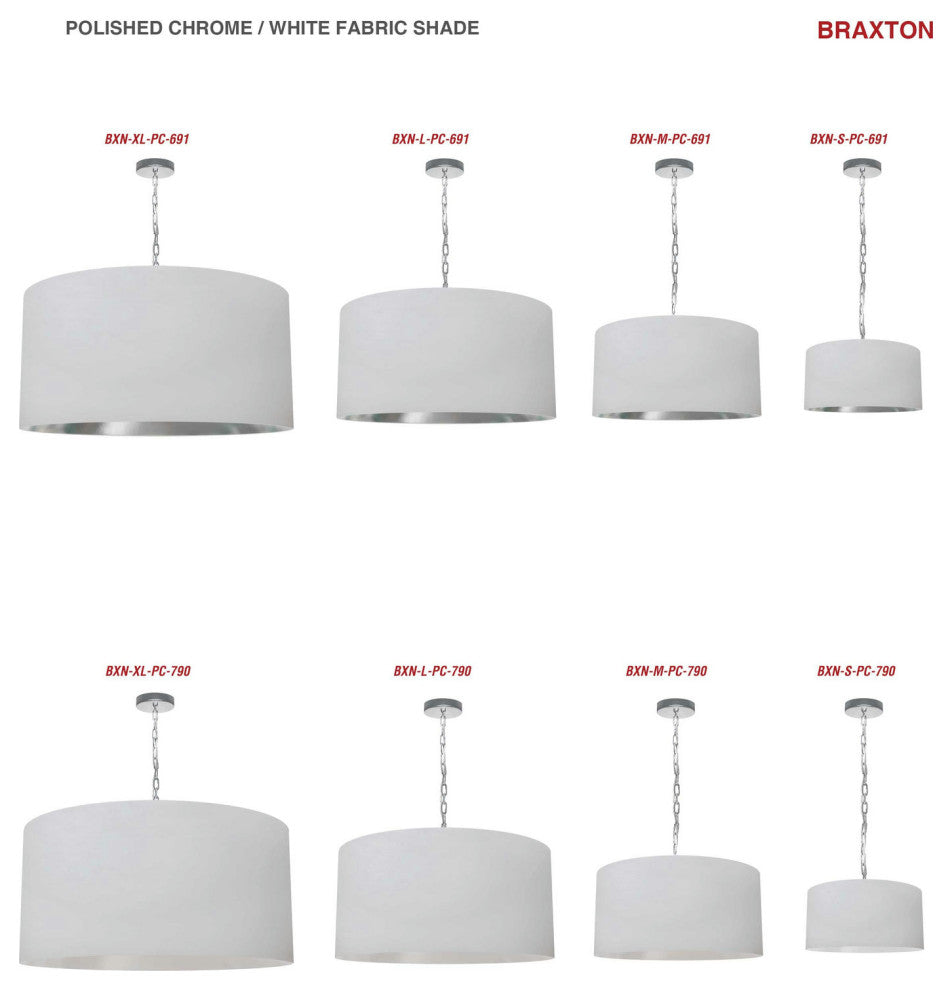 1 Light X-Large Braxton Polished Chrome Pendant w/ White Shade