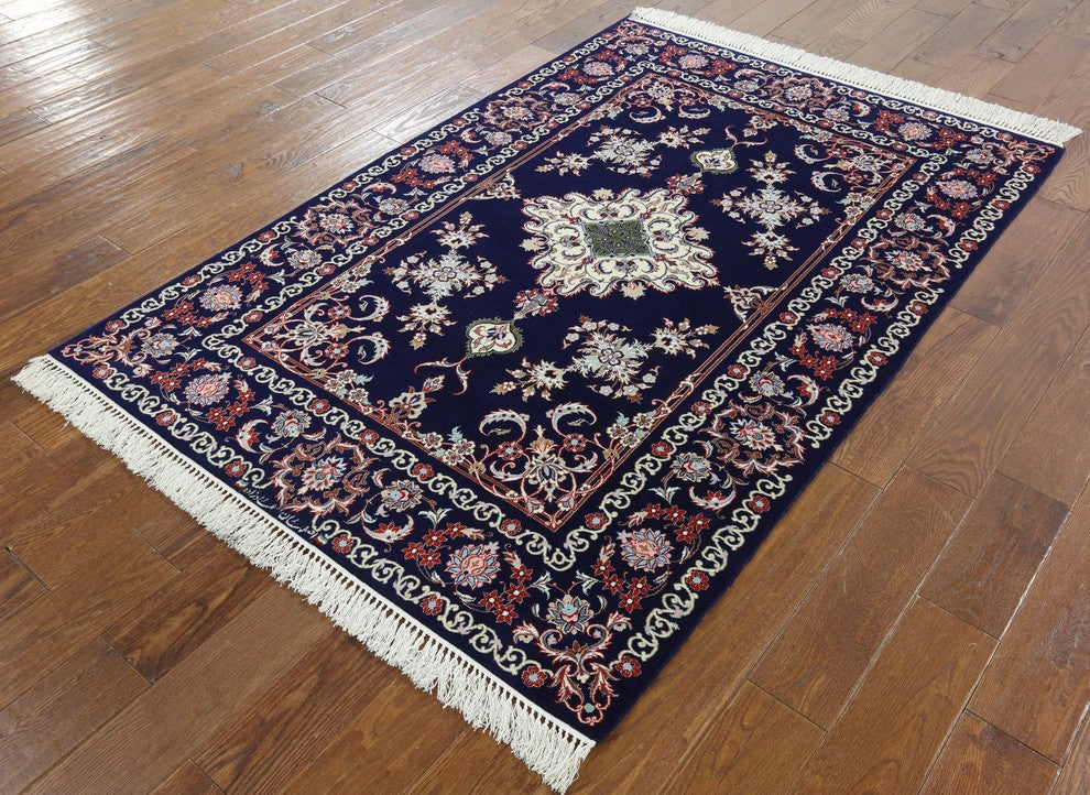 Wool and Silk Signed Authentic Persian Isfahan Hand Knotted Area Rug, 4'x6'