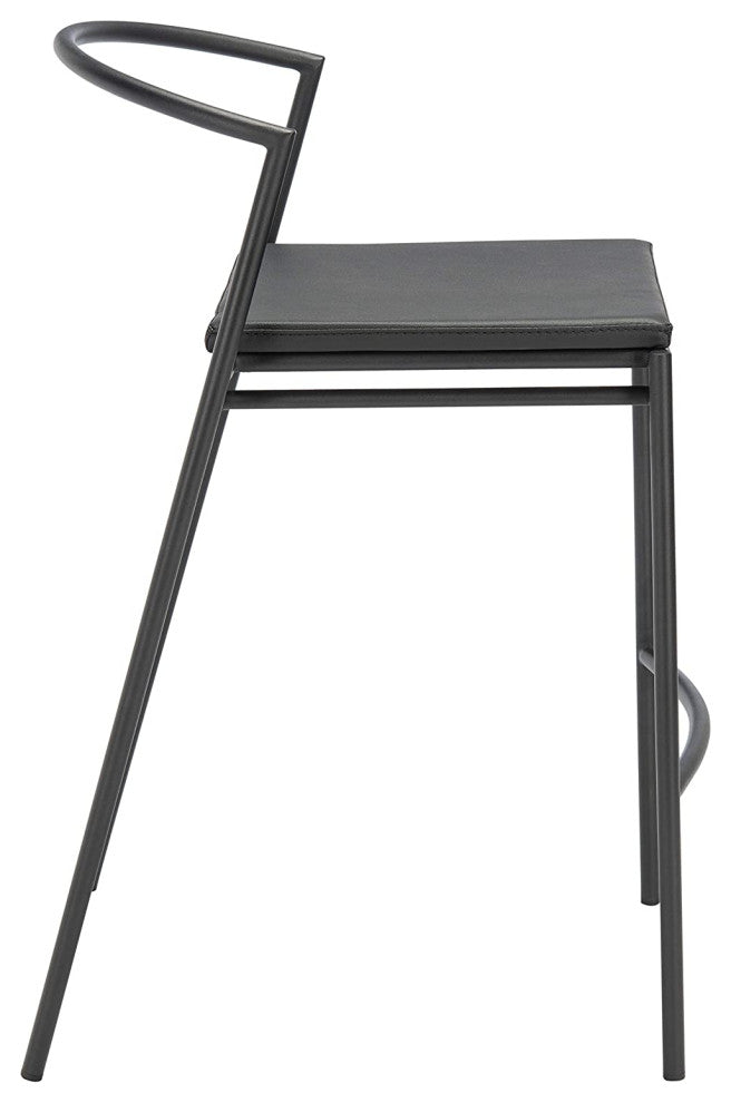 Set of 2 Counter Stool, Sleek Metal Frame & Square Vegan Leather Seat, Black