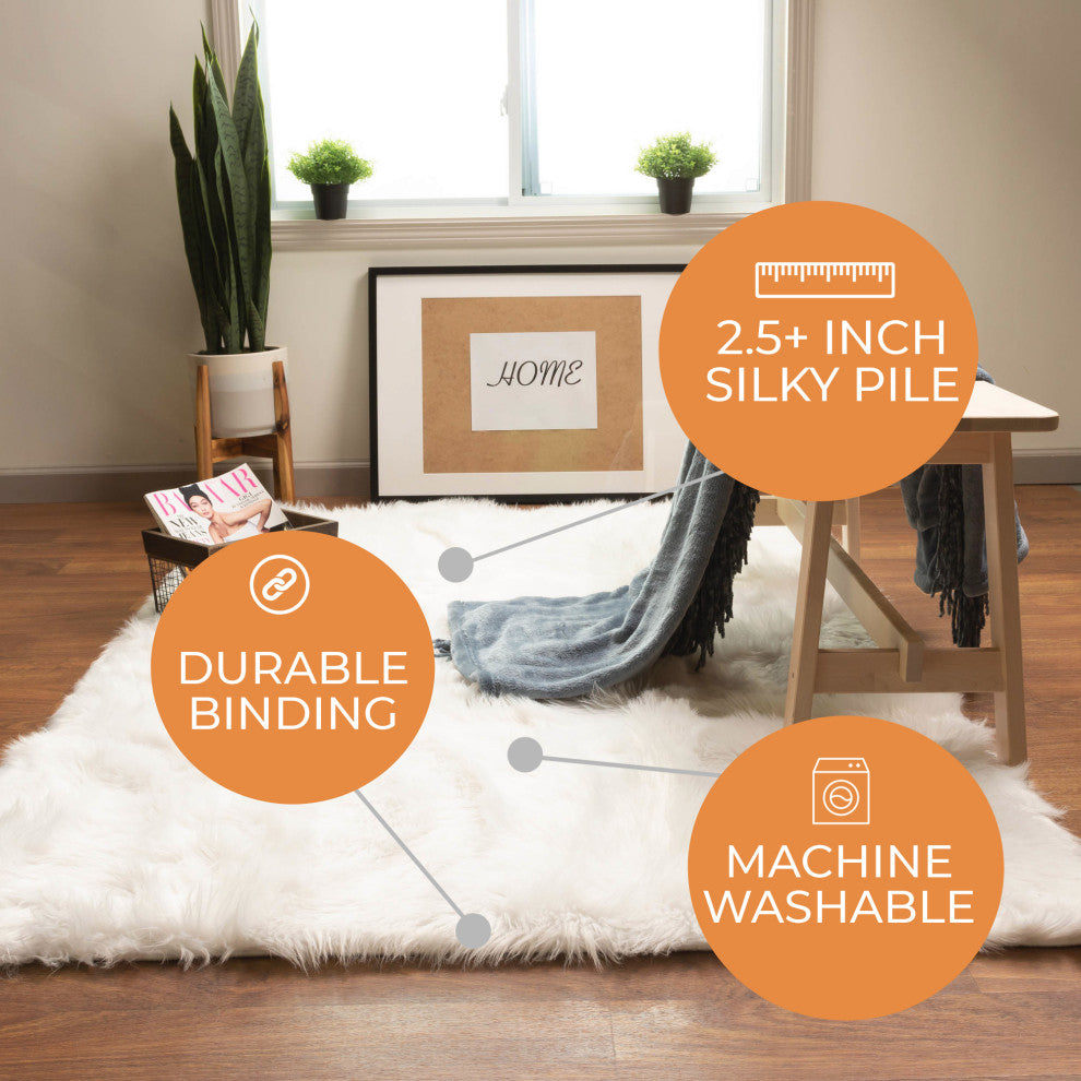 Plush and Soft Faux Sheepskin Fur Shag Area Rug, White, 4' X 6'