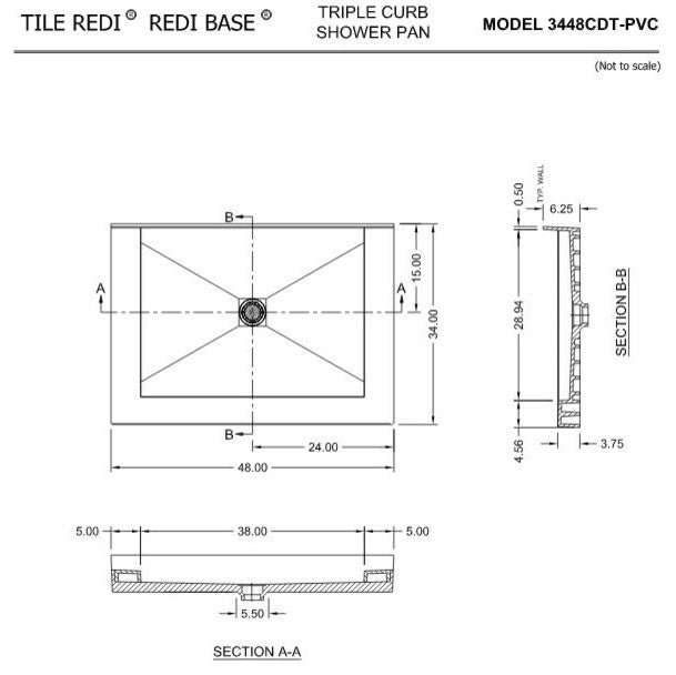 Tile Redi 3448CDT-PVC 34"x48" Triple Curb Shower Pan With Center PVC Drain