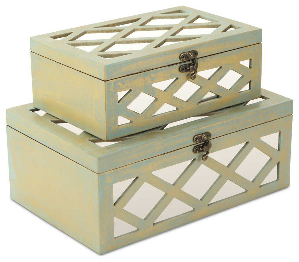 Mirror Diamond Keepsake Boxes, Gold, Set of 2, Gold