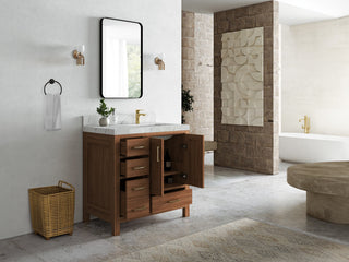 Malibu Teak 36" Right Offset Bath Vanity in Dark Natural 2" White Quartz