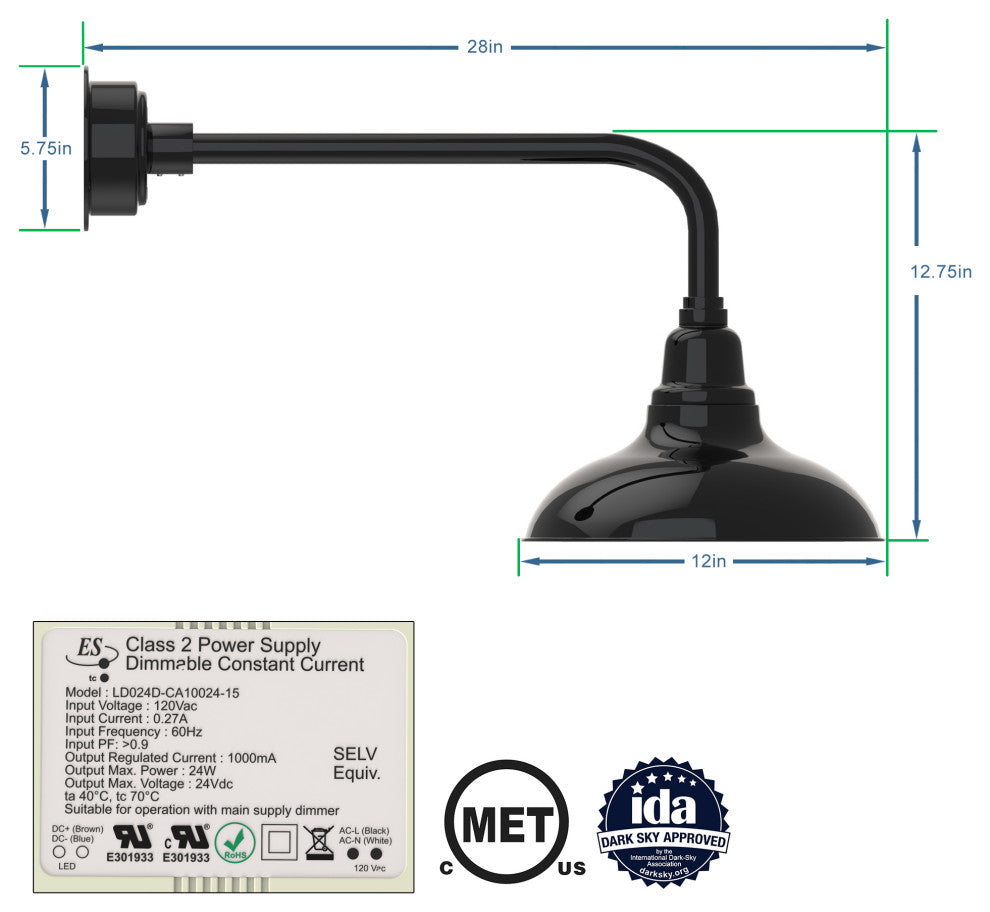 12in.  Black Gooseneck Barn Light with Traditional Arm