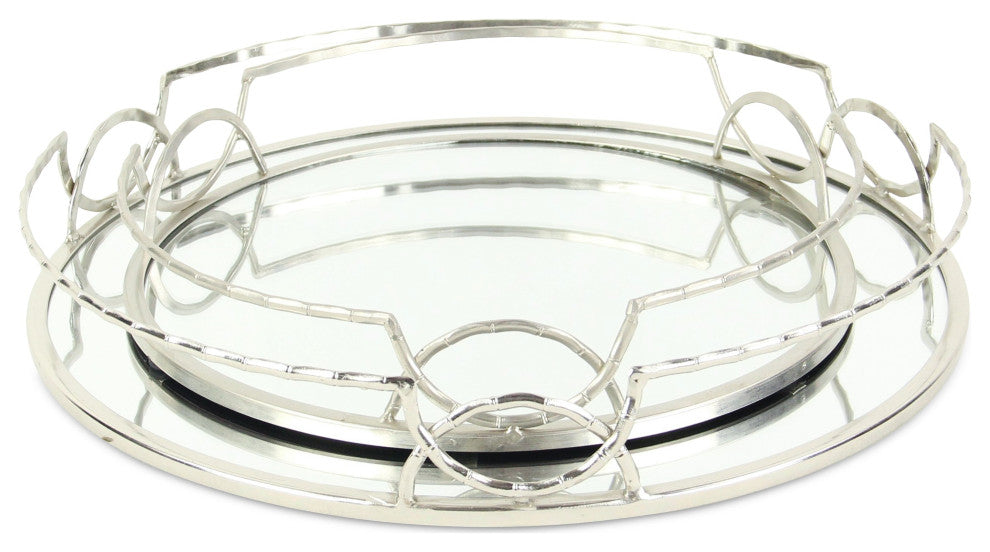 Mianzi Round Bamboo-Inspired Rim Silver Metal Trays (Set of 2)