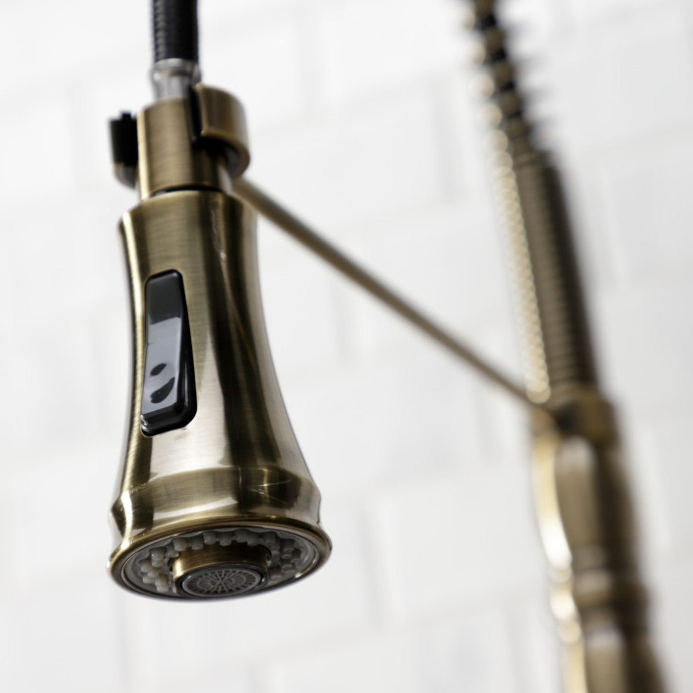 GS1243AL Two-Handle Wall-Mount Pull-Down Sprayer Kitchen Faucet, Antique Brass