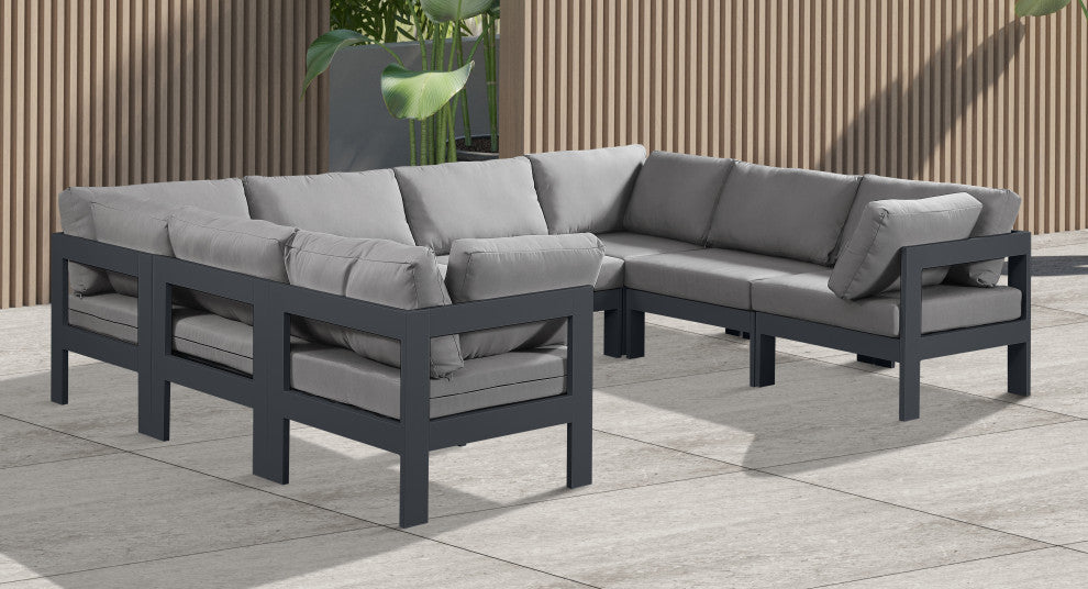 Nizuc Water Resistant Patio U-Shaped Modular Sectional, Gray, 8-Piece: 4 Armless Chair, 4 Corner Chair, Dark Gray Aluminum Frame
