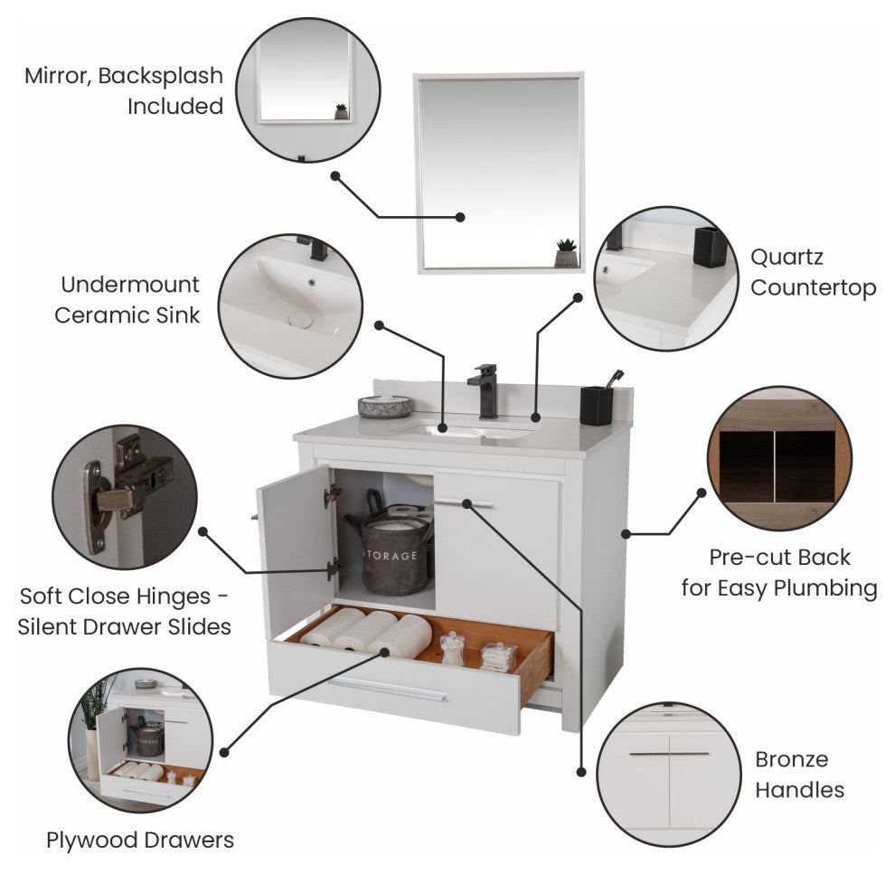 Mila Collection 36" Bathroom Vanity With Sink, Mirror, Countertop, Snow White