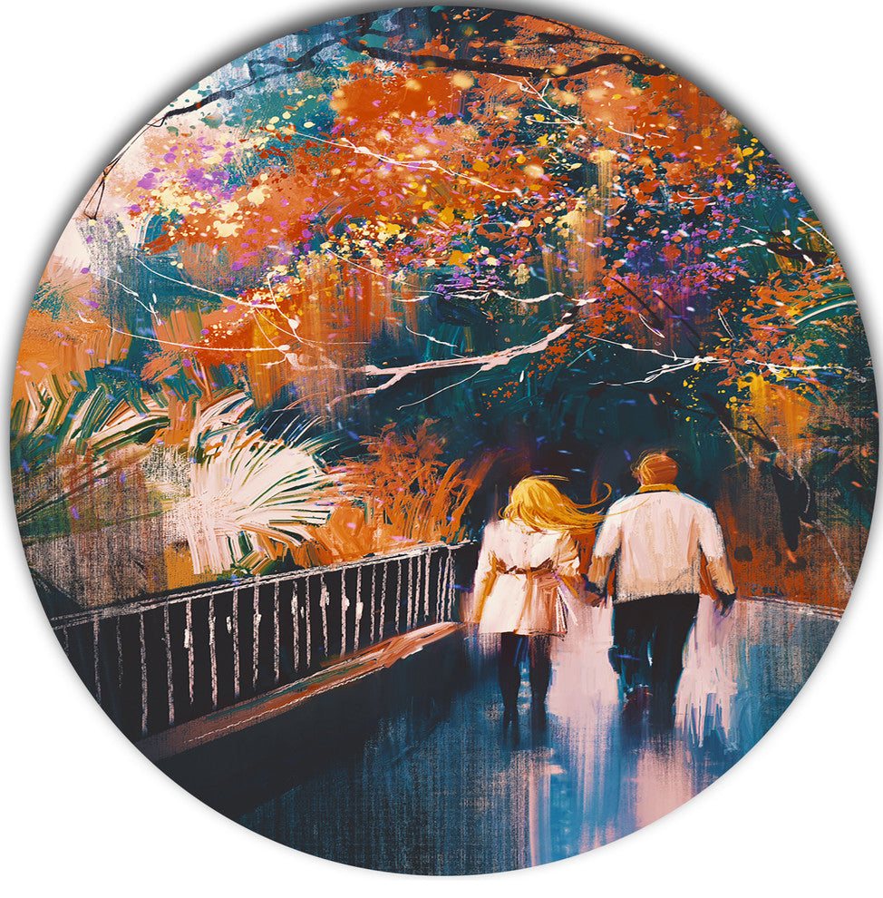 Couple Walking Holding Hands, Landscape Disc Metal Artwork, 11"