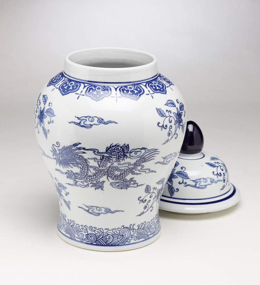 18" Blue and White Ginger Jar With Lid