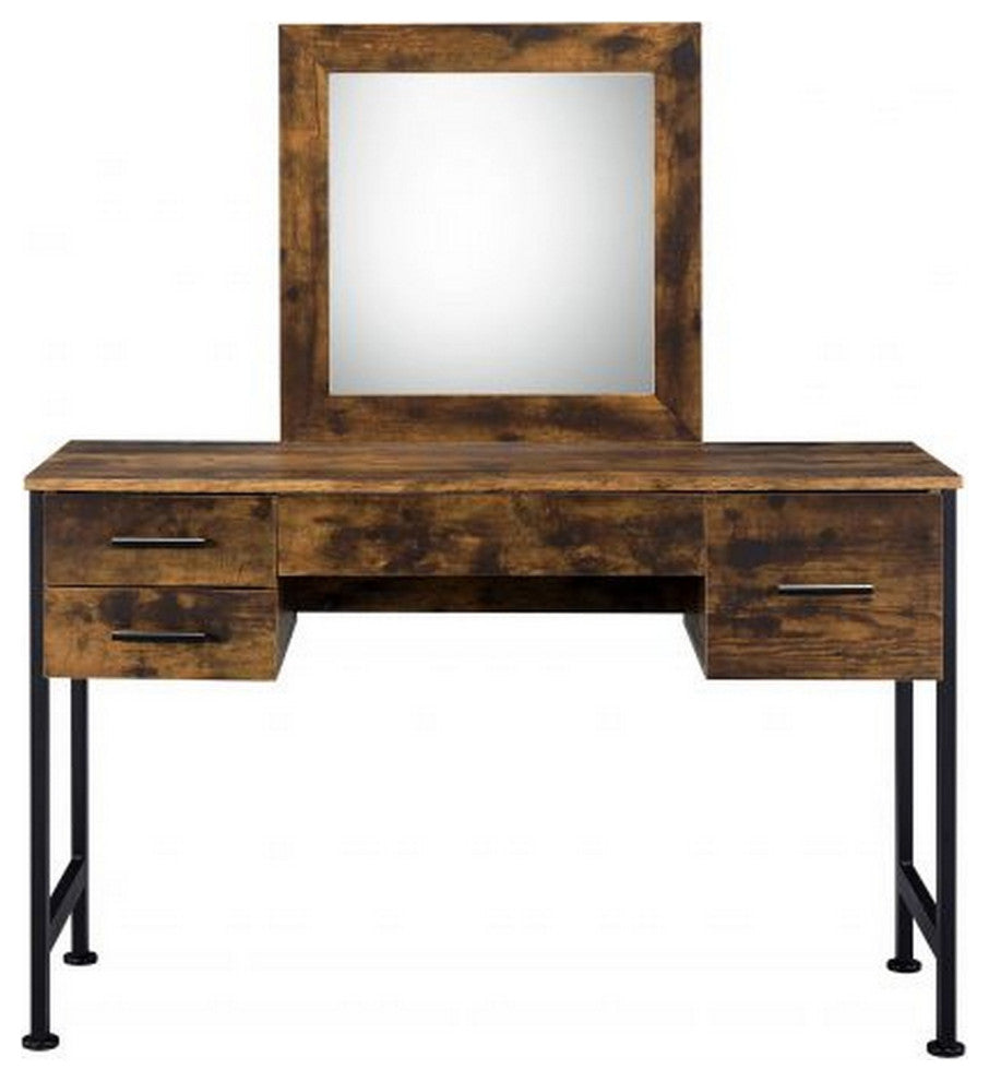Benzara BM268893 Vanity Desk With 4 Drawers and Square Mirror, Brown and Black