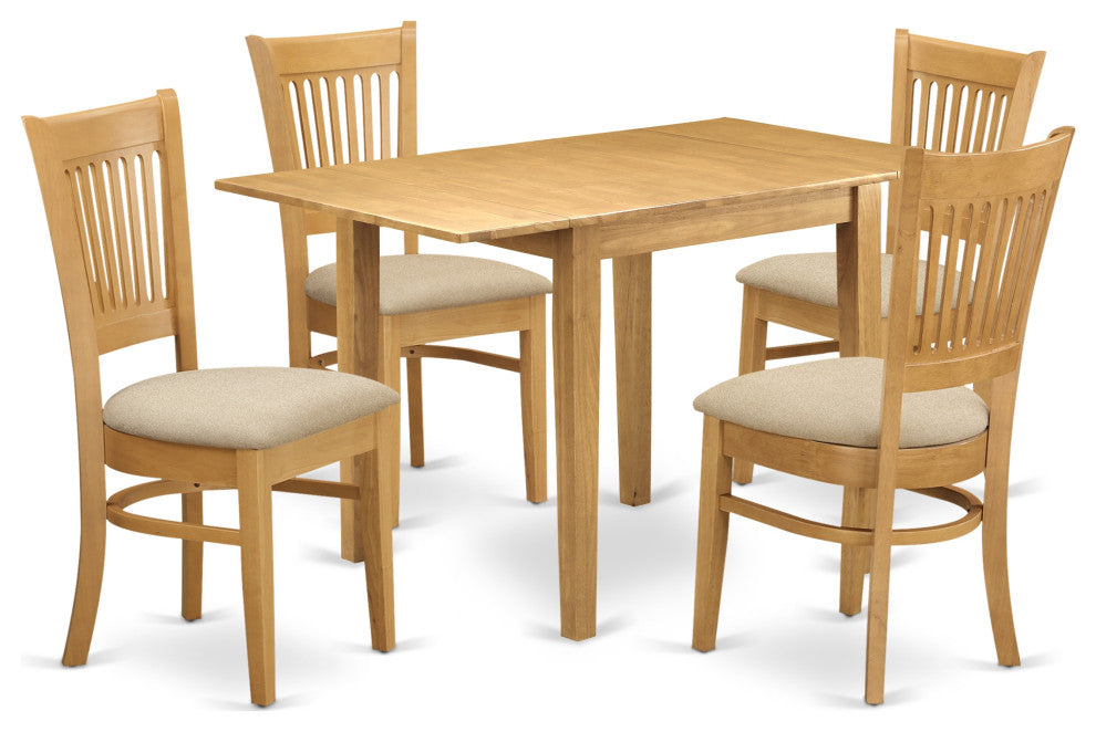 5Pc Dinette Set For Small Spaces, Table, 4 Chairs, Linen Fabic Seat, Oak