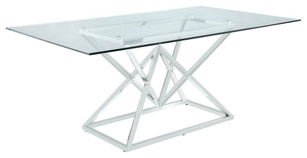 Benzara BM233502 Glass Top Dining Table With Geometric Metal Base, Chrome