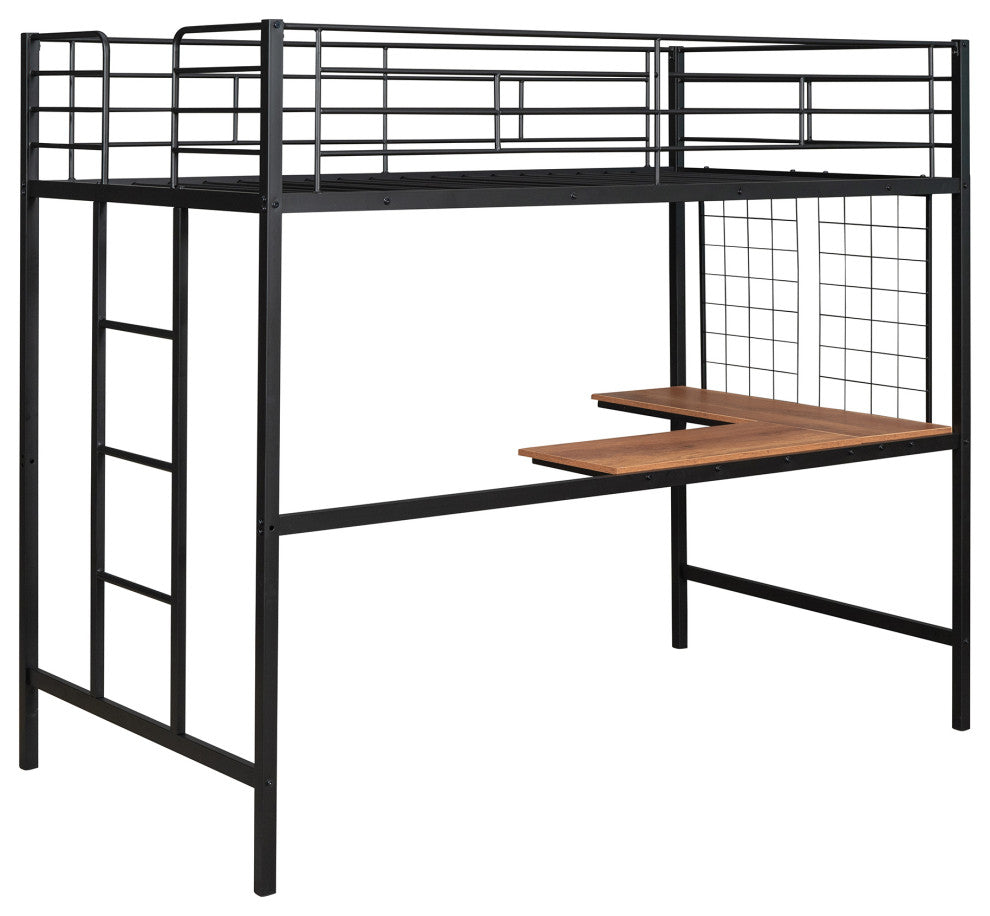 TATEUS Metal Loft Bed With Desk, Sturdy Metal Frame Guardrails Work and Play, Black, Twin