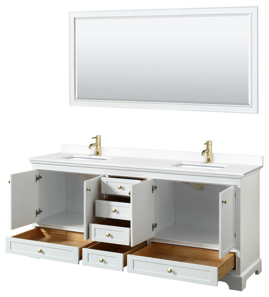80"DBL Vanity White, White Cult. Marble Countertop, Sinks, Gold Trim, 70"Mirror