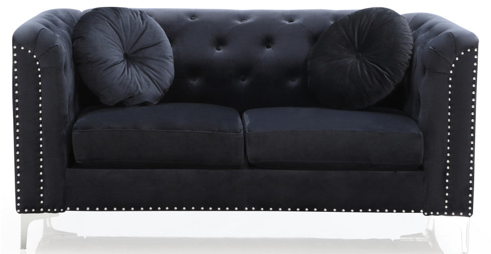 Pompano Velvet Button Tufted Loveseat, Black