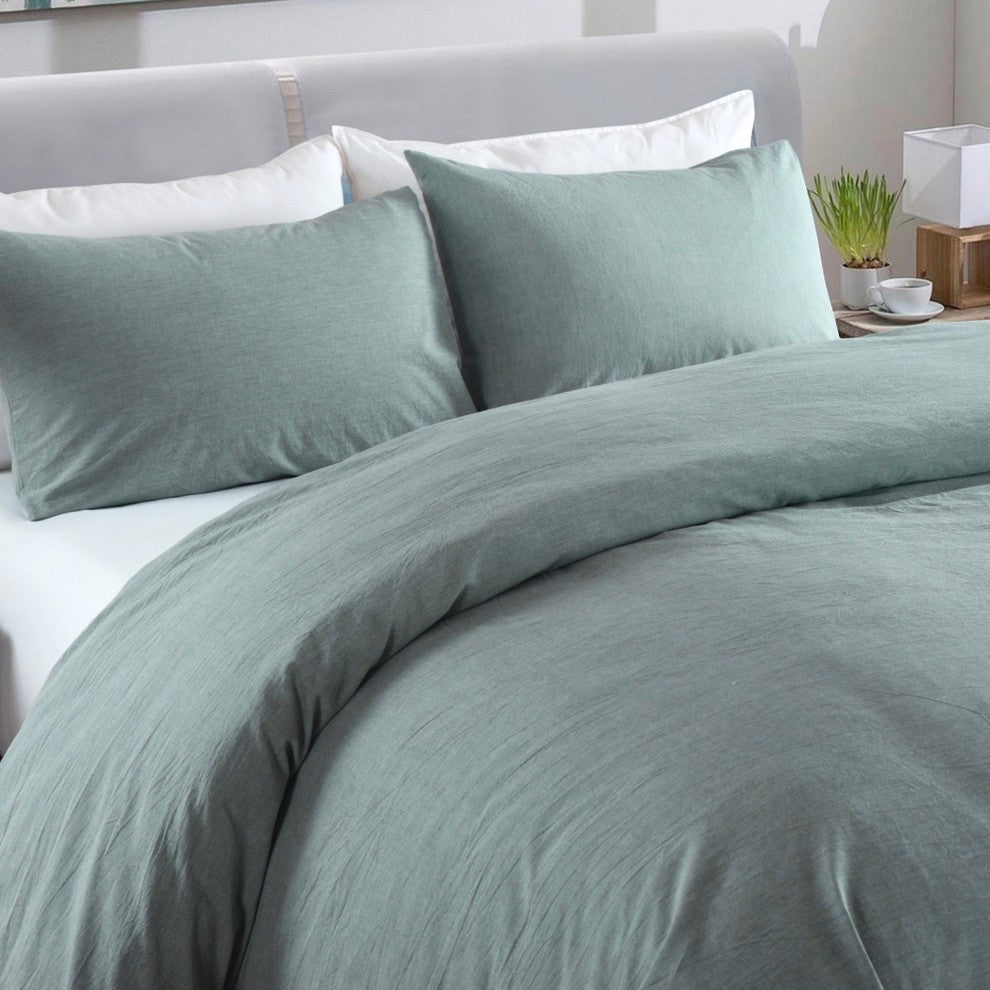 Messy Bed Washed Cotton Duvet Cover and Sham Set, Green, King