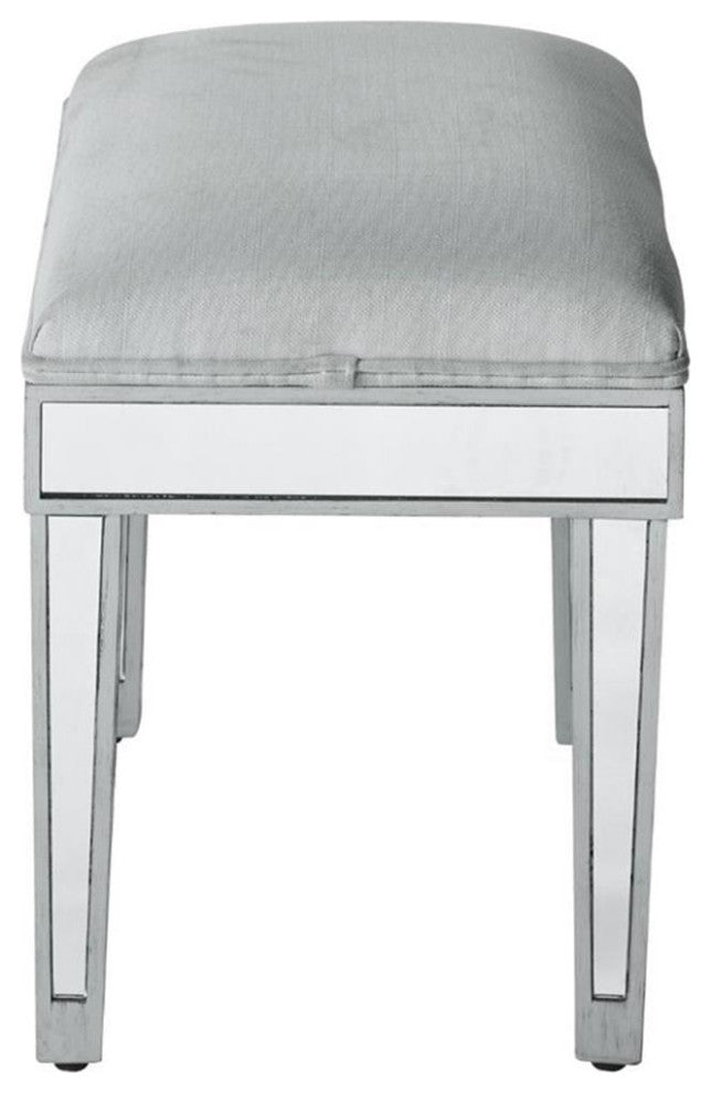 Elegant Decor Reflexion 18" Mirrored Fabric Vanity Stool in Beige and Silver