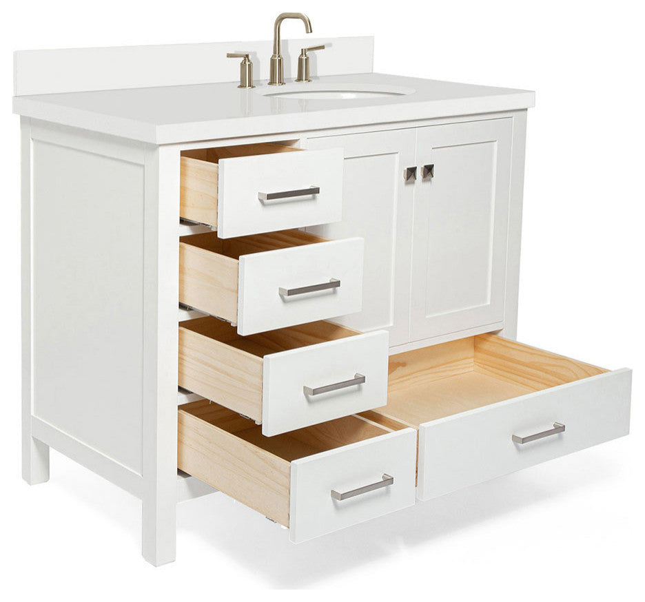 ARIEL Cambridge 43" Right Offset Oval Sink Bathroom Vanity White With Quartz Top