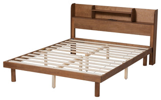 Mid-Century Modern Walnut Brown Finished Wood Queen Size Platform Bed Frame