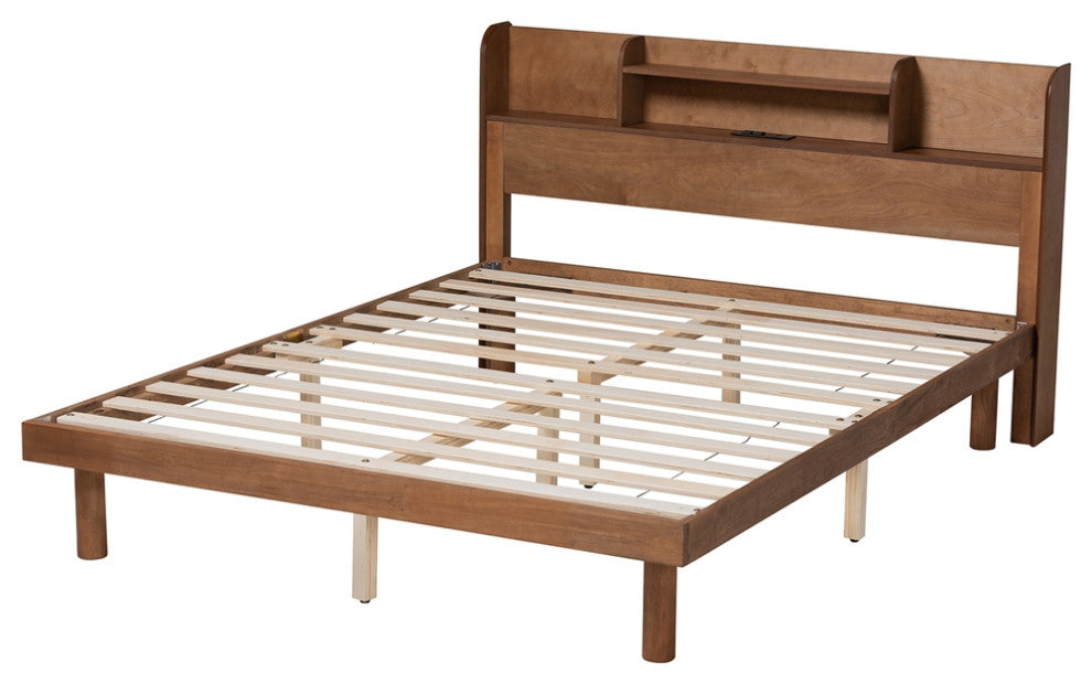 Mid-Century Modern Walnut Brown Finished Wood Queen Size Platform Bed Frame