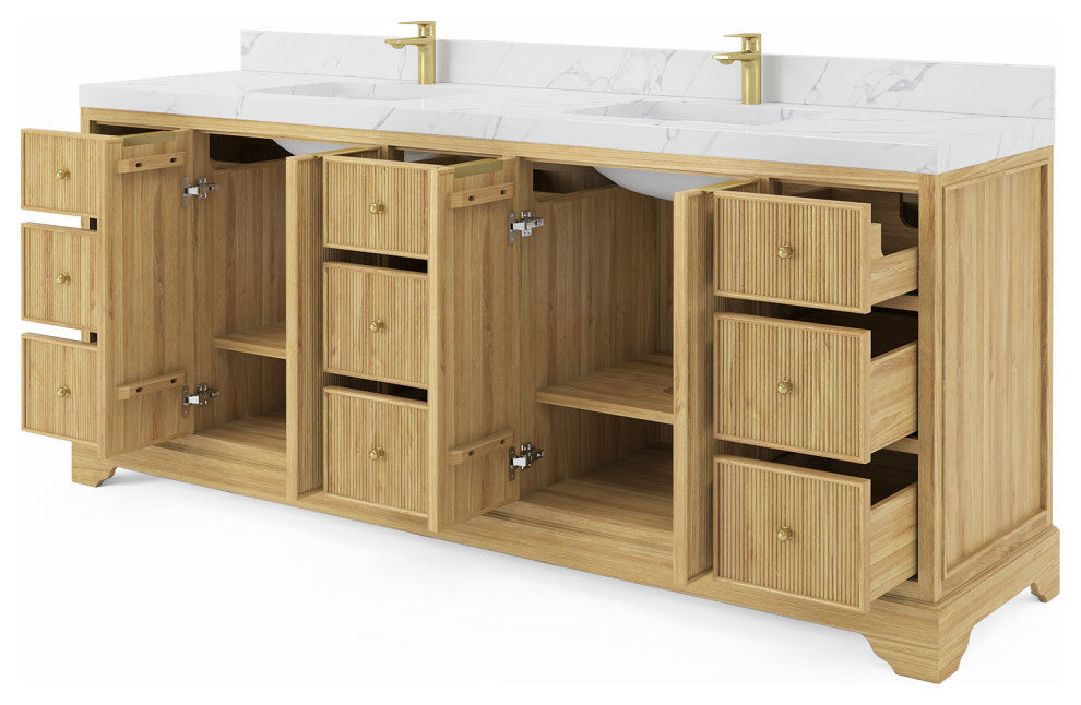 Austin 84 Double Sink Bath Vanity in Light Natural Teak 2" Carrara Quartz