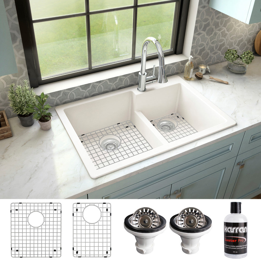 Karran 33" Top Mount Double Bowl 60/40 Quartz Kitchen Sink Kit, White