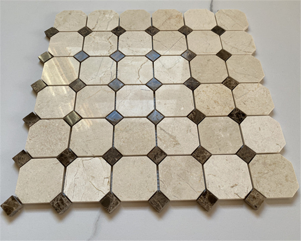 Crema Marfil Marble 2 inch Octagon Mosaic Tile Emperador Dots Polished, 1 sheet