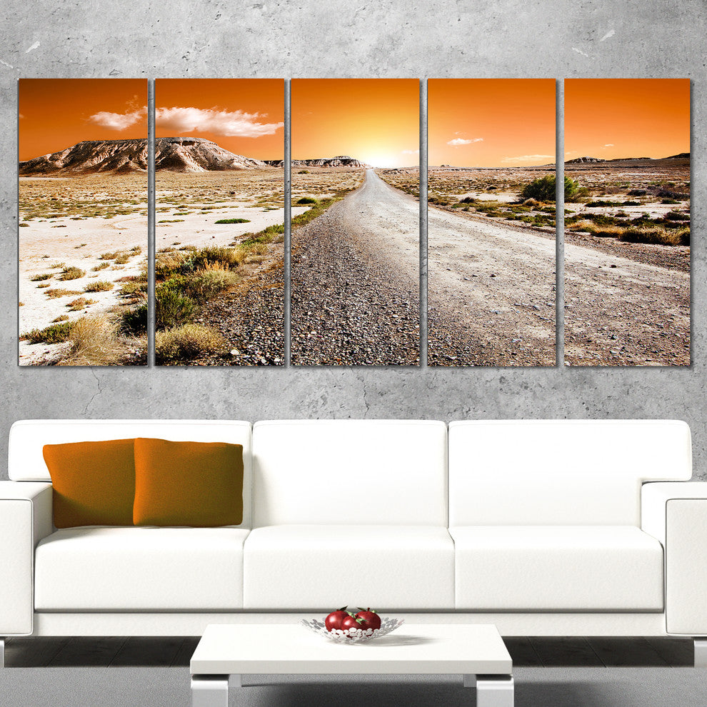 Sunset Desert with Pebble Road, Landscape Canvas Art Print, 60"x28", 5 Panels