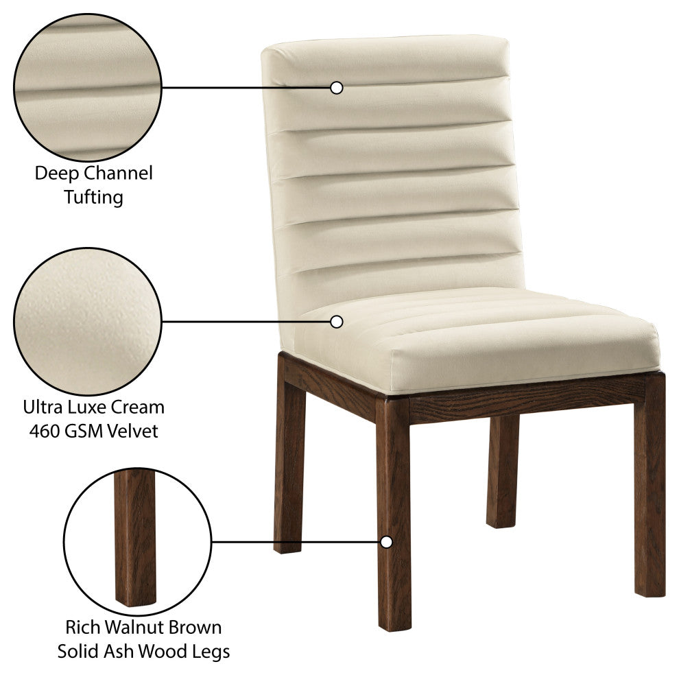 Evelyn Upholstered Dining Chair, Cream, Velvet, Walnut Finish