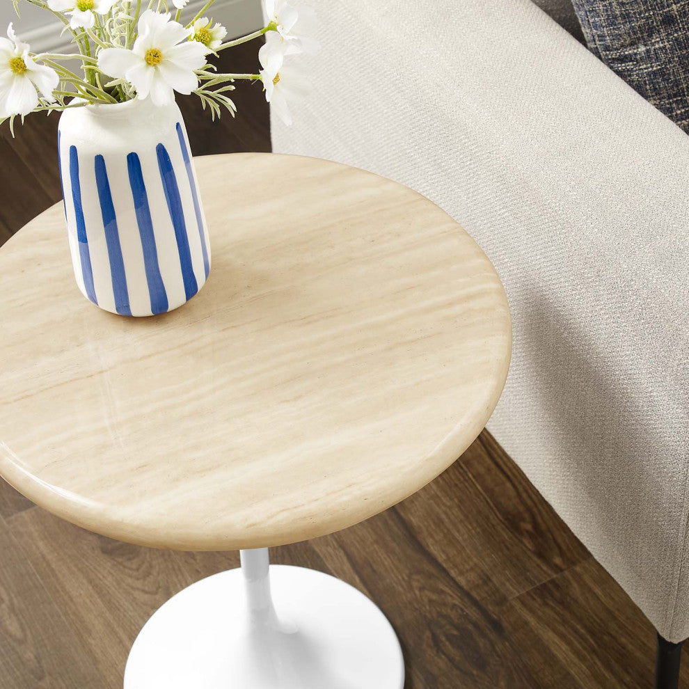 Lippa 20" Round Artificial Travertine Side Table, White Travertine