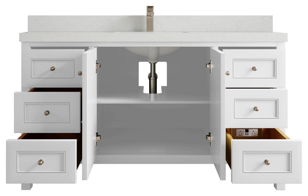 Nashville 60" Single Bathroom Vanity, White 2" Carrara Quartz