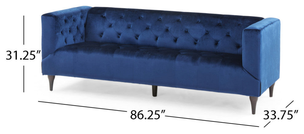 Admiral Contemporary Tufted 3-Seater Sofa, Midnight Blue/Espresso/Gold, Midnight Blue/Espresso/Gold