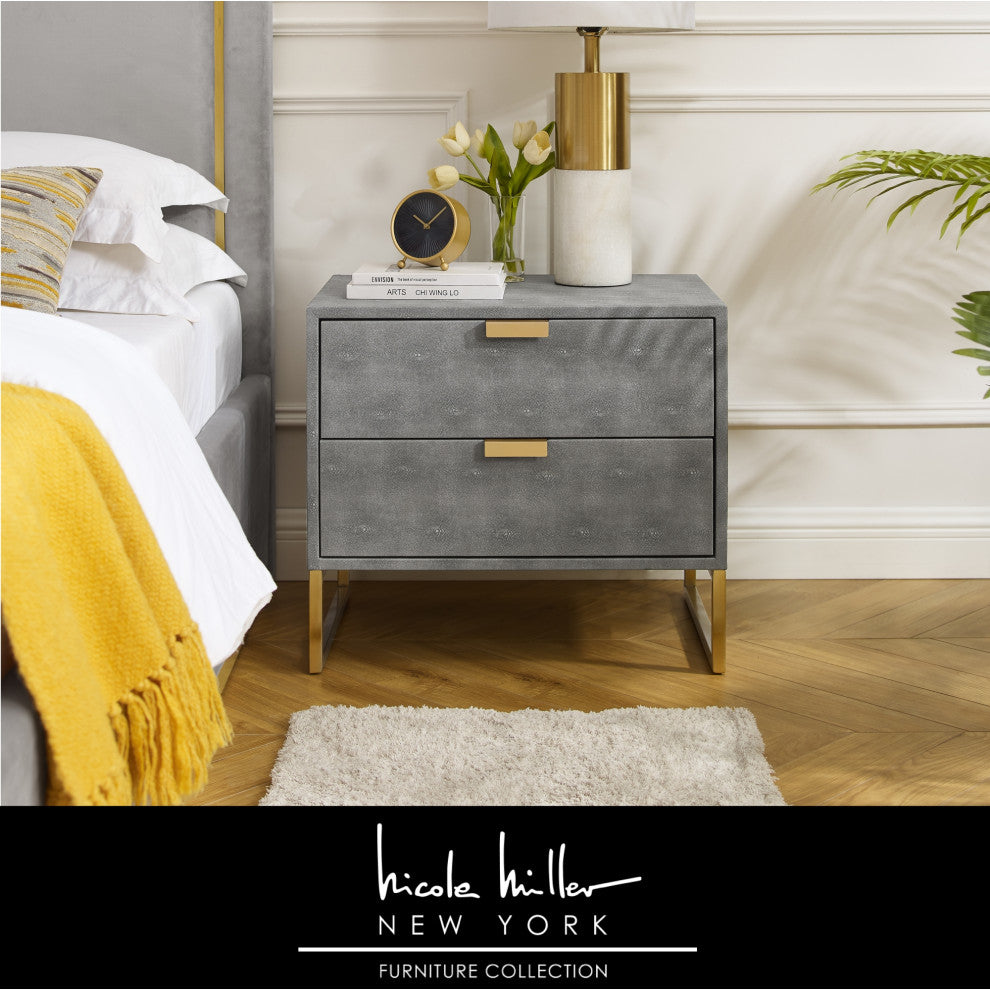 Nicole Miller Chayton Side Table, Faux Shagreen 23.6Lx16Wx21H, Gray/Gold